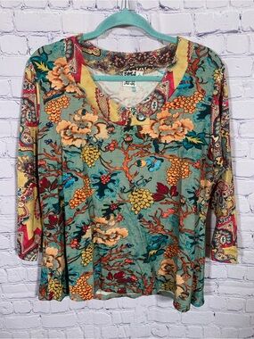 Parsley & Sage Womens 3/4 Sleeve V-Neck Top Floral Size L Artsy Lagenlook Preppy